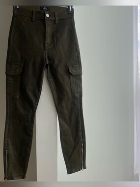 7 For Mankind Coated Olive green Cargo Skinny Pants With Ankle Zippers Size 25